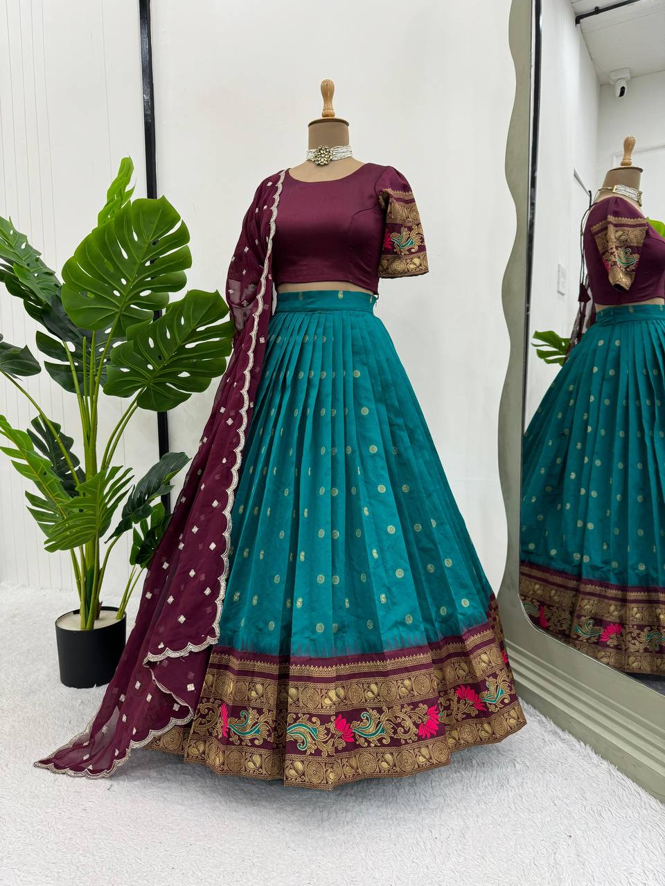 Sky Blue & Wine legant Jequrd Silk Semi-Stitched Lehenga Set with Stunning Dupatta