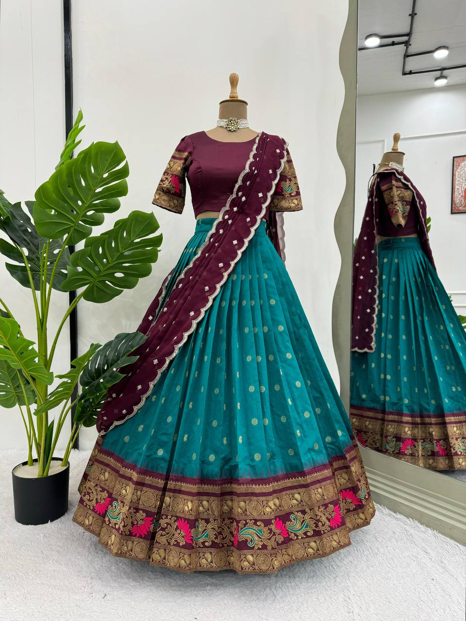 Sky Blue & Wine legant Jequrd Silk Semi-Stitched Lehenga Set with Stunning Dupatta