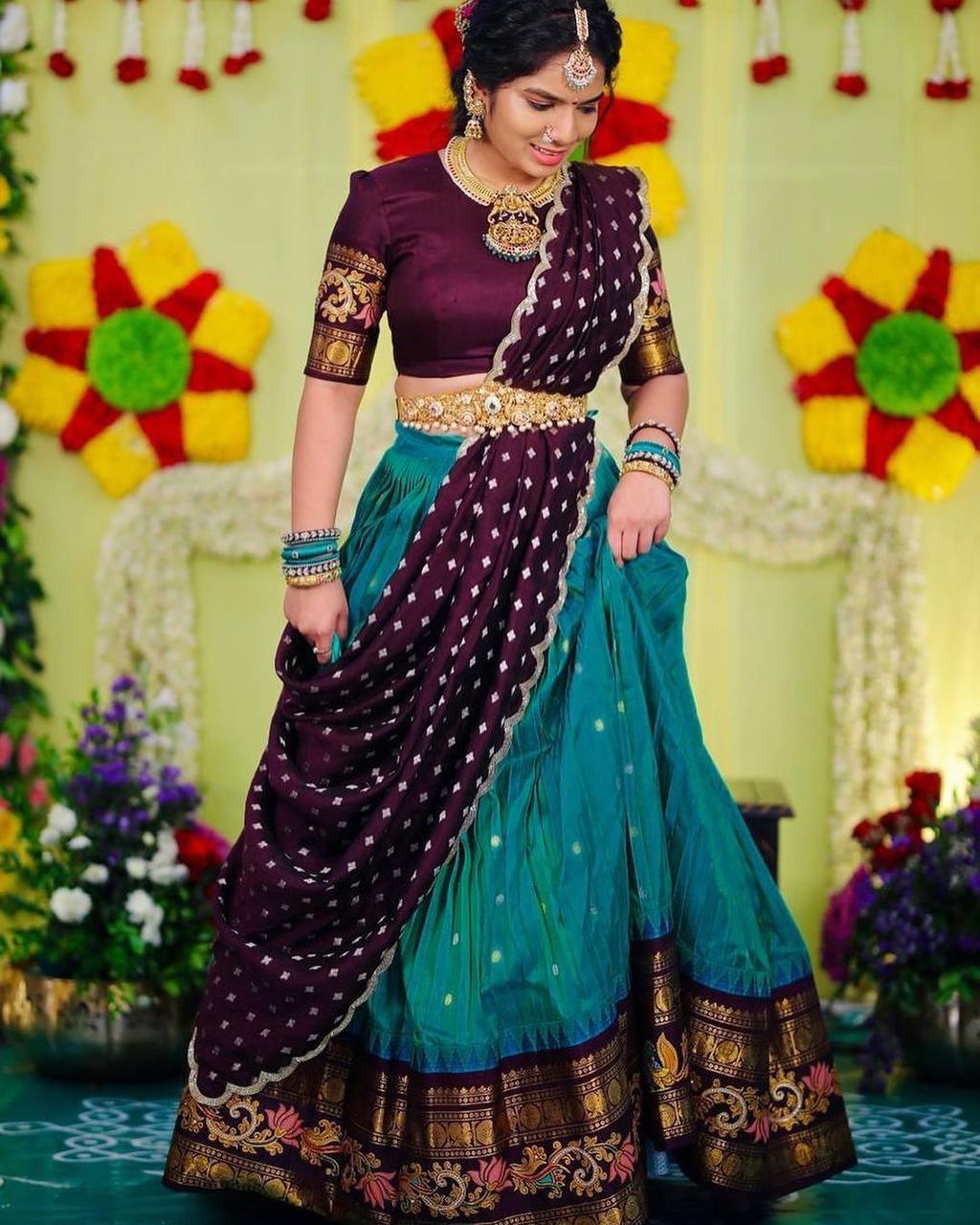 Sky Blue & Wine legant Jequrd Silk Semi-Stitched Lehenga Set with Stunning Dupatta