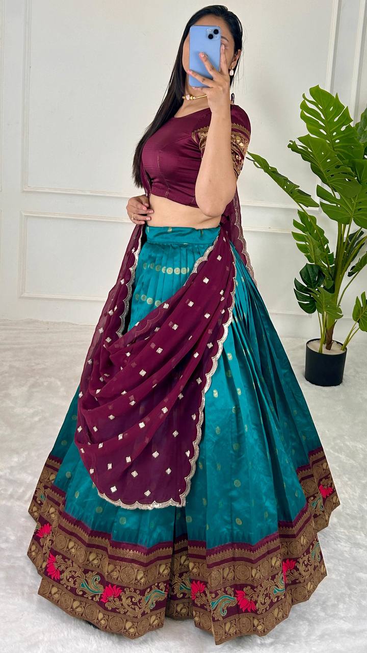 Sky Blue & Wine legant Jequrd Silk Semi-Stitched Lehenga Set with Stunning Dupatta