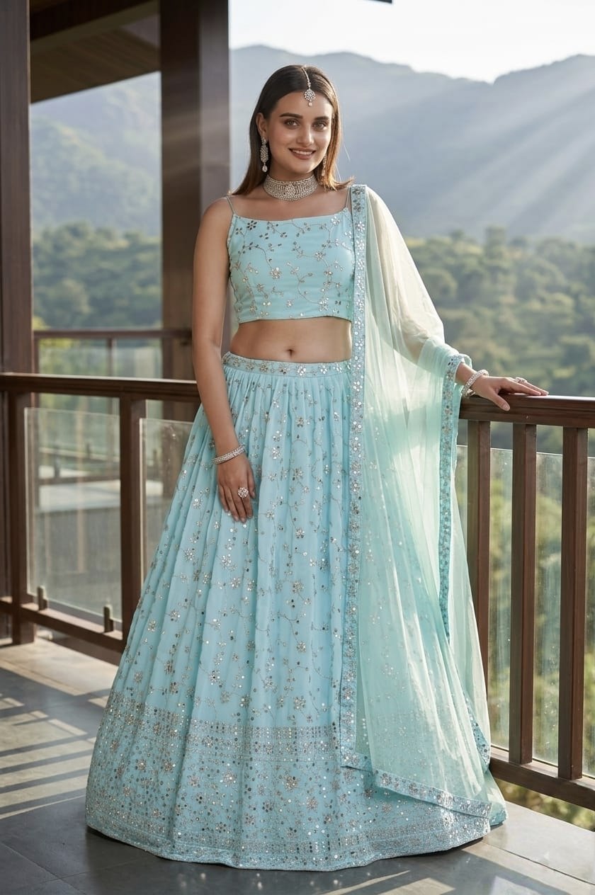 Sky Blue Zari Sparkle Designer Lehenga