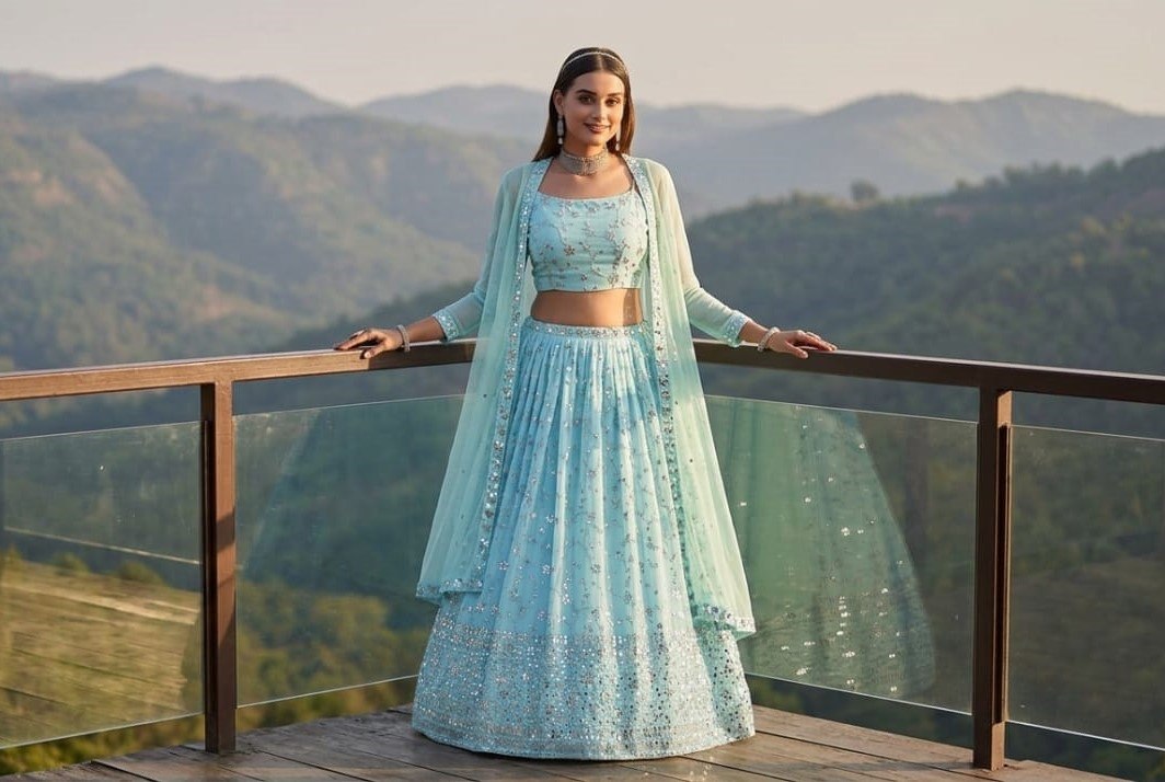 Sky Blue Zari Sparkle Designer Lehenga