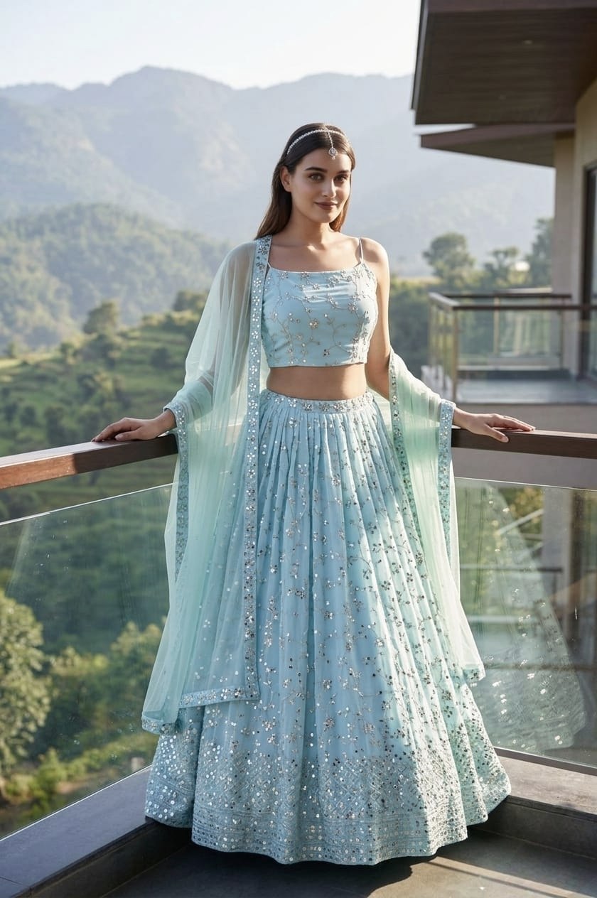 Sky Blue Zari Sparkle Designer Lehenga