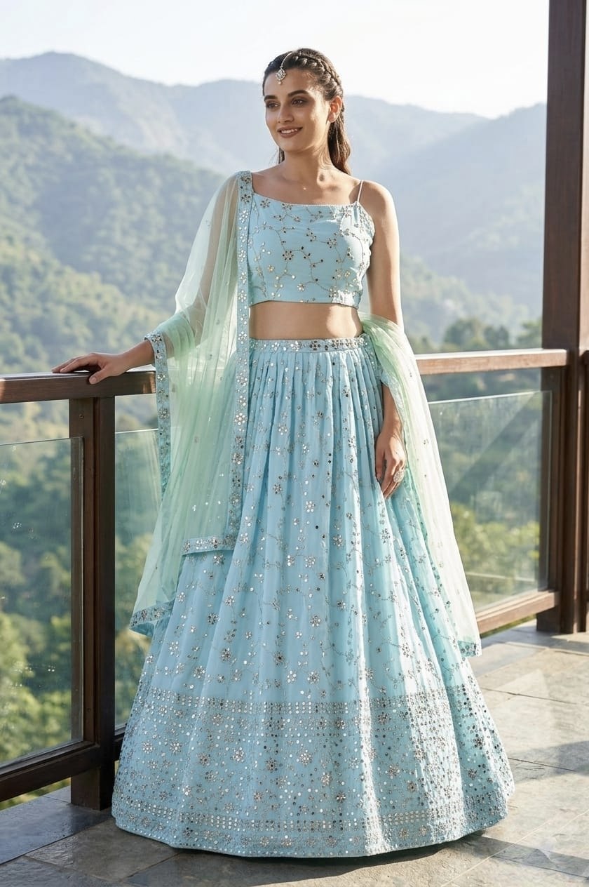 Sky Blue Zari Sparkle Designer Lehenga