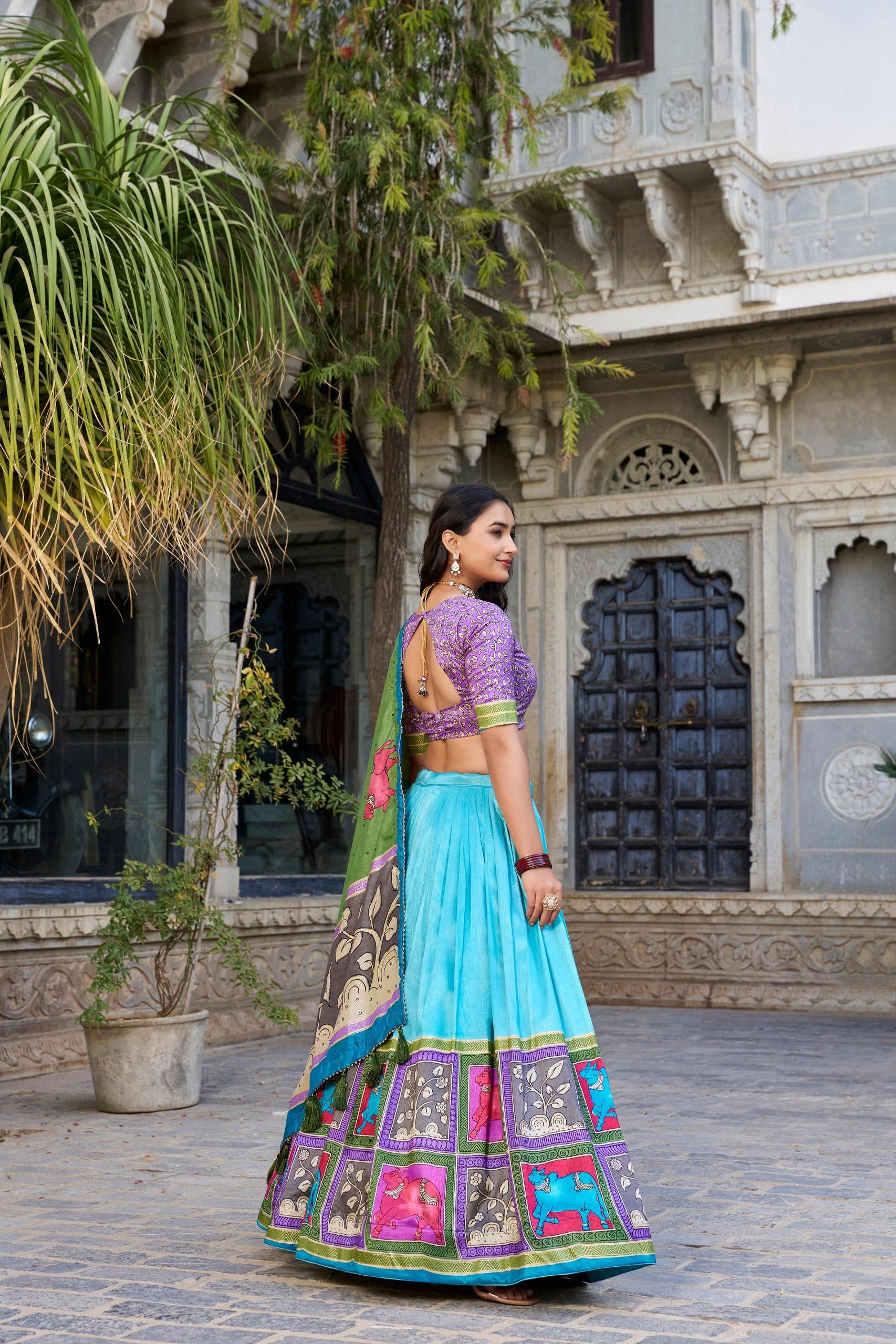 Sky Green Ethereal Elegance Kalamkari Tussar Silk Lehenga Set