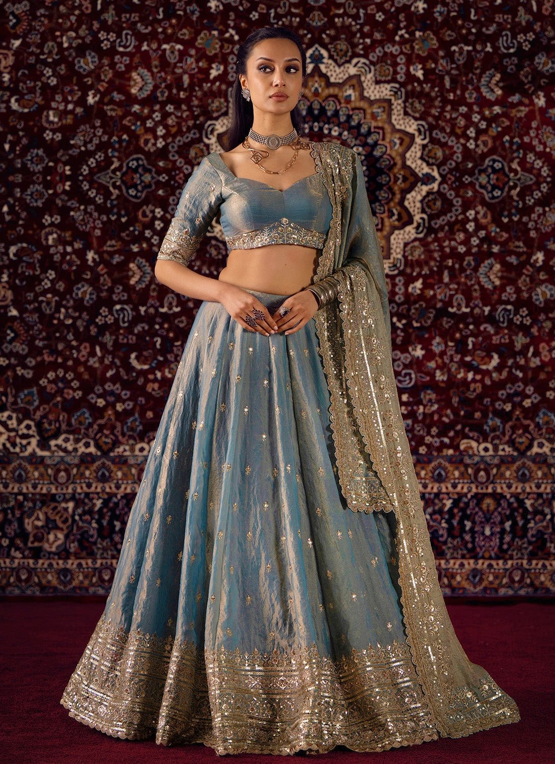 Sky Party Wear Silk Lehenga Set