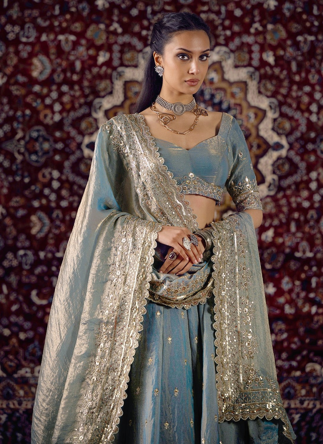 Sky Party Wear Silk Lehenga Set