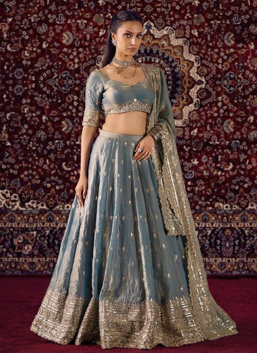 Sky Party Wear Silk Lehenga Set