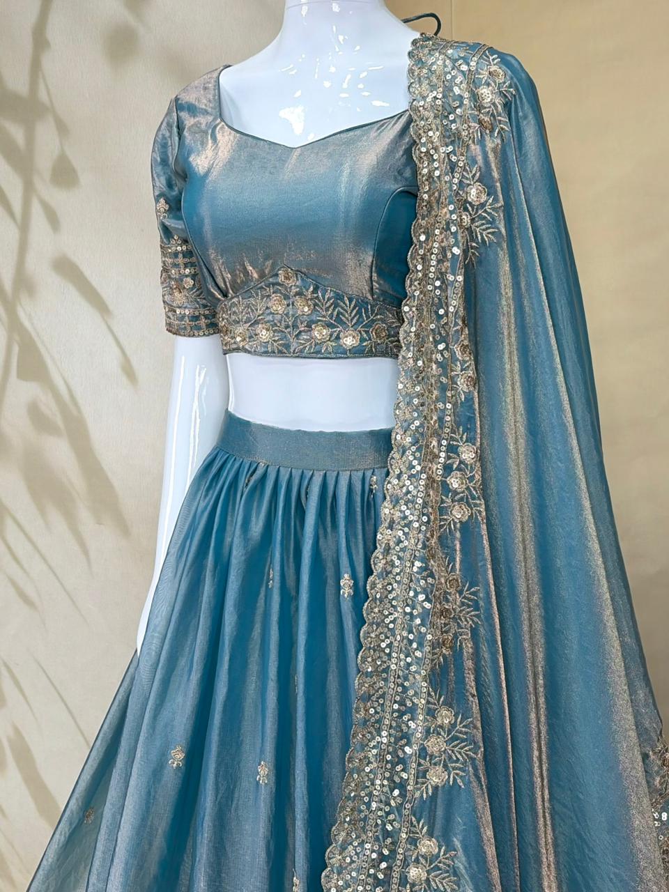 Sky Party Wear Silk Lehenga Set