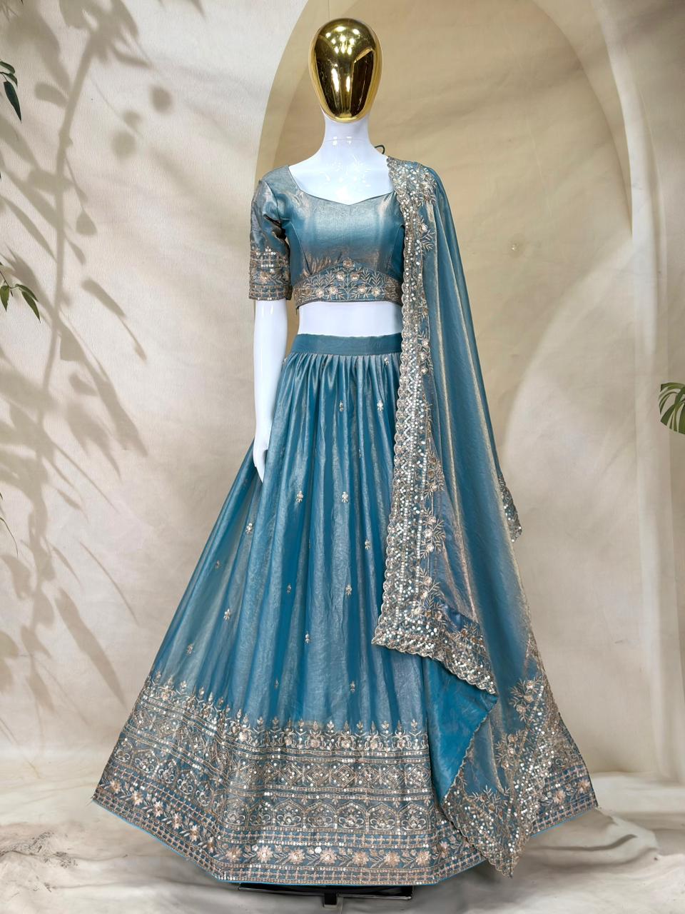 Sky Party Wear Silk Lehenga Set