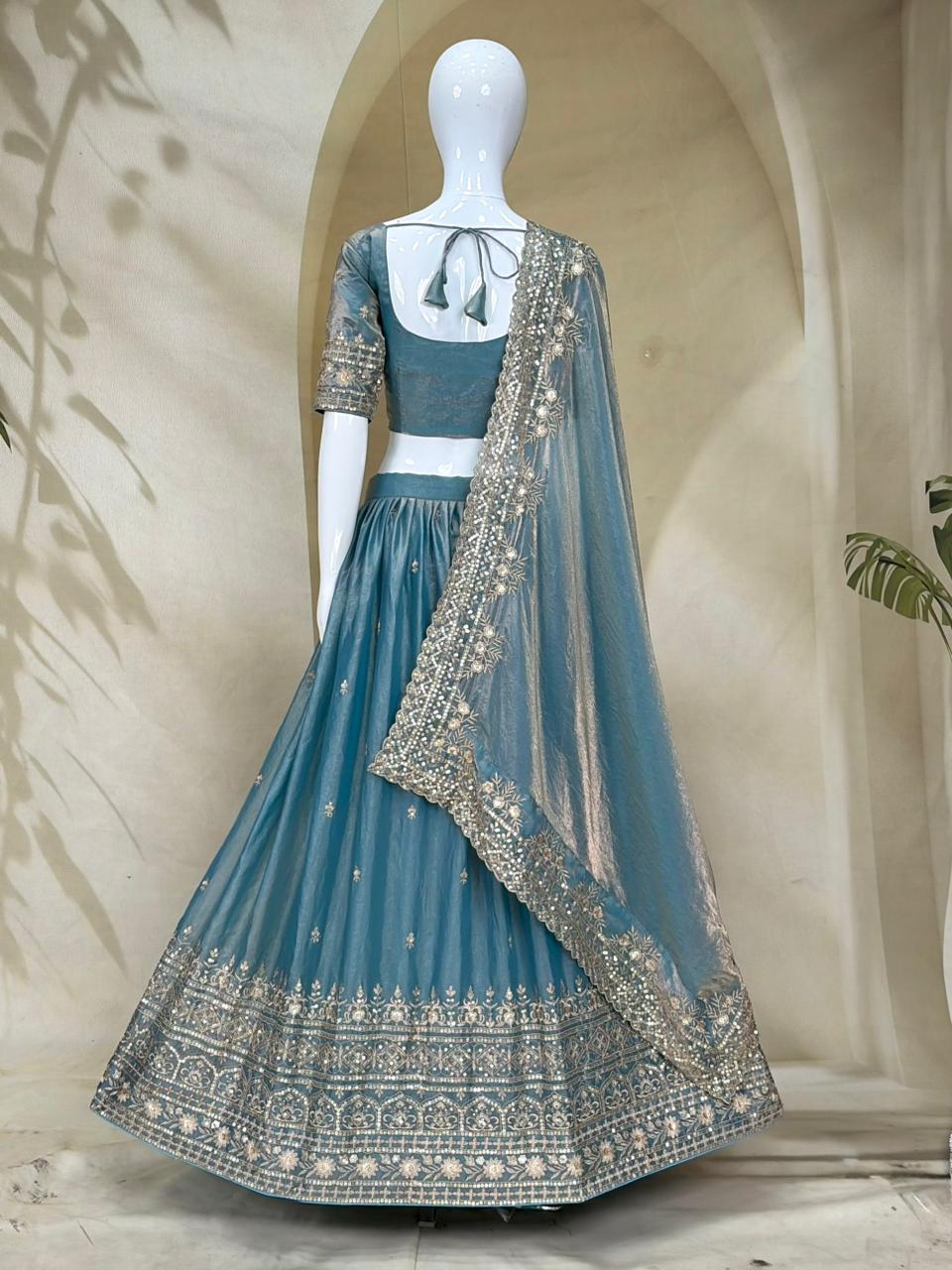 Sky Party Wear Silk Lehenga Set
