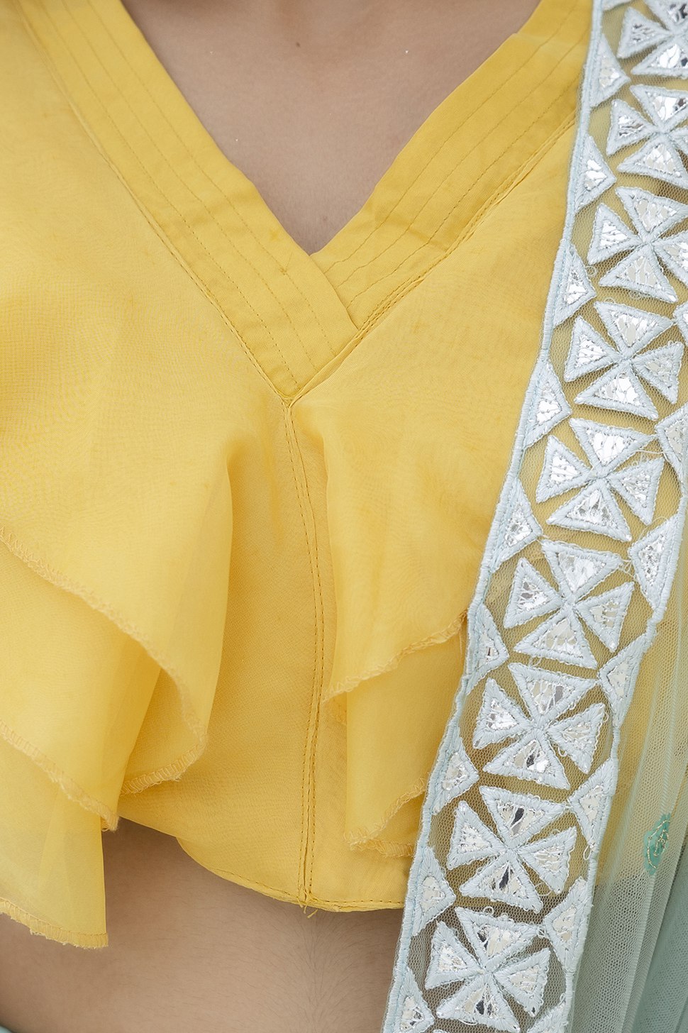 Sky & Yellow Graceful Organza Lehenga Set with Sequins & Foil Embroidery – Semi-Stitched Lehenga, Unstitched Blouse & Net Dupatta