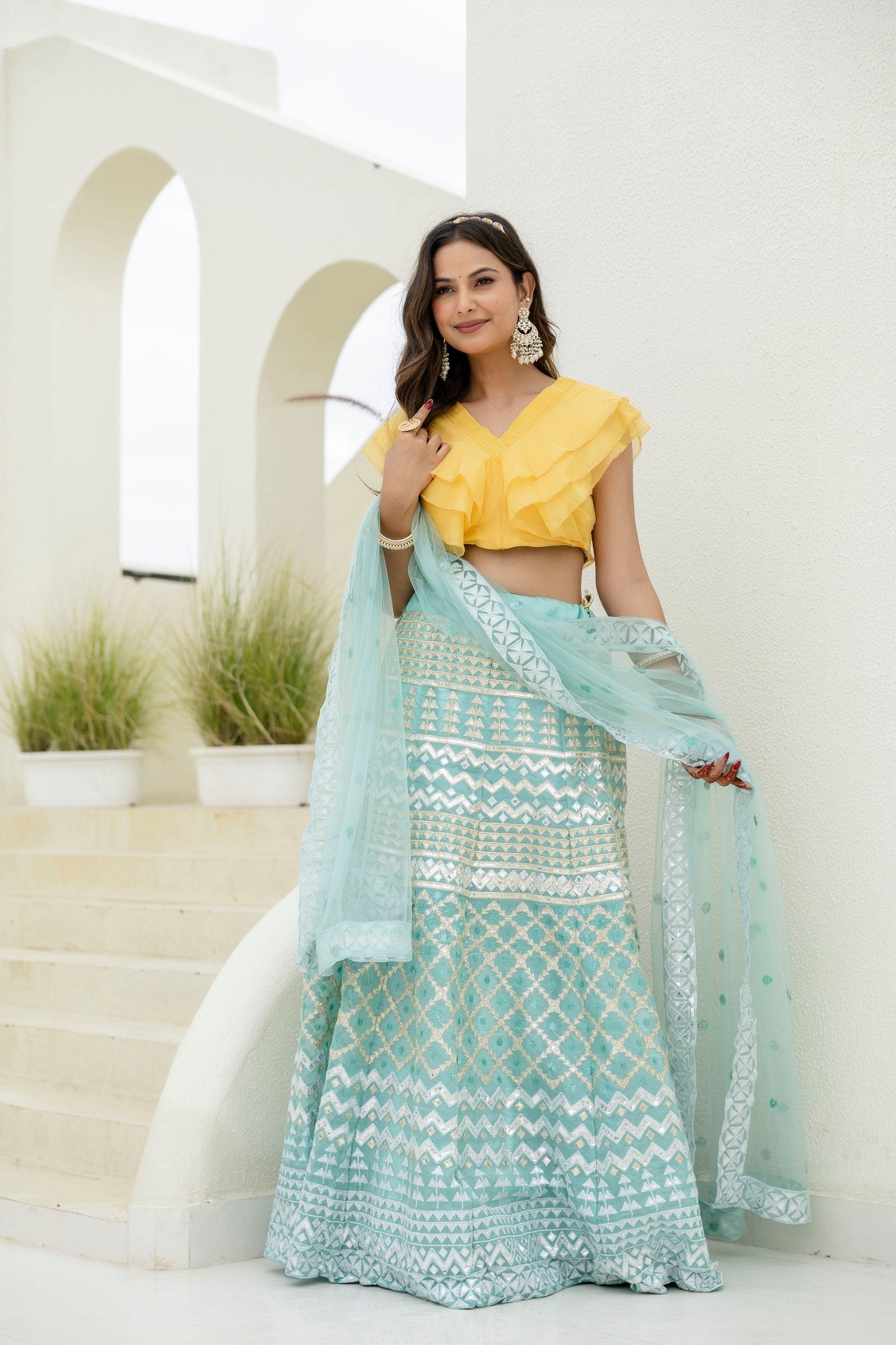 Sky & Yellow Graceful Organza Lehenga Set with Sequins & Foil Embroidery – Semi-Stitched Lehenga, Unstitched Blouse & Net Dupatta
