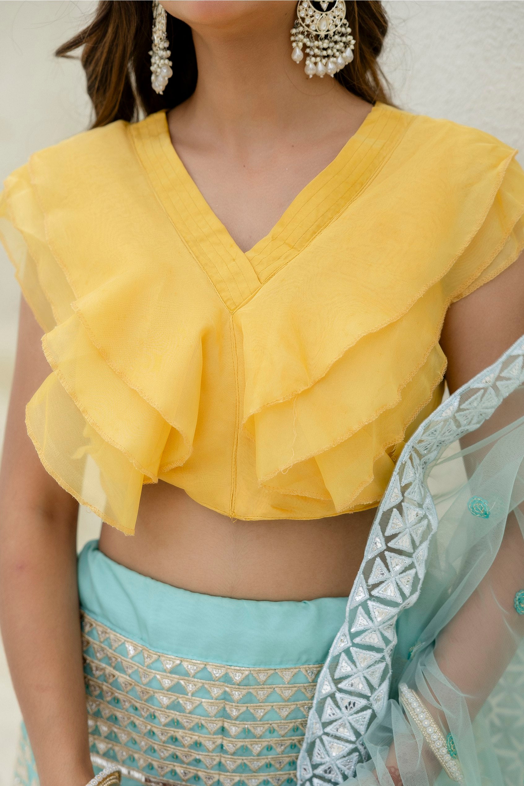 Sky & Yellow Graceful Organza Lehenga Set with Sequins & Foil Embroidery – Semi-Stitched Lehenga, Unstitched Blouse & Net Dupatta