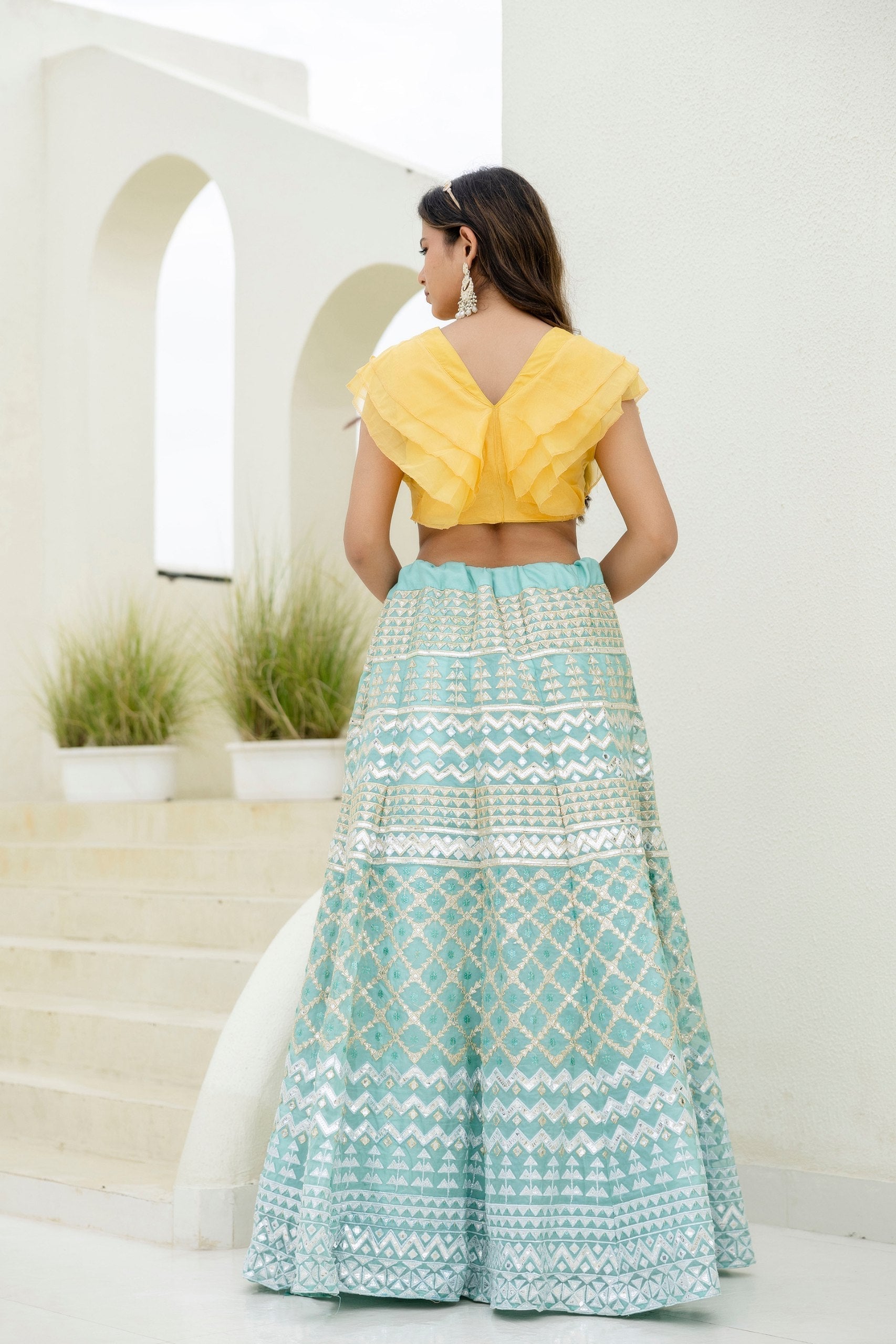 Sky & Yellow Graceful Organza Lehenga Set with Sequins & Foil Embroidery – Semi-Stitched Lehenga, Unstitched Blouse & Net Dupatta
