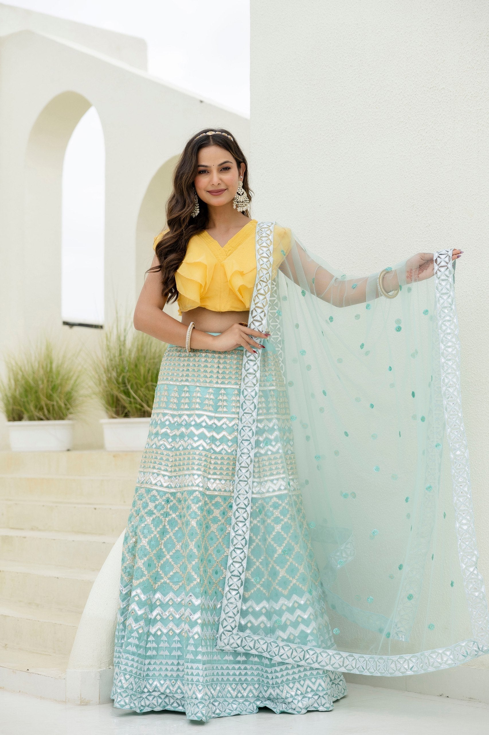 Sky & Yellow Graceful Organza Lehenga Set with Sequins & Foil Embroidery – Semi-Stitched Lehenga, Unstitched Blouse & Net Dupatta