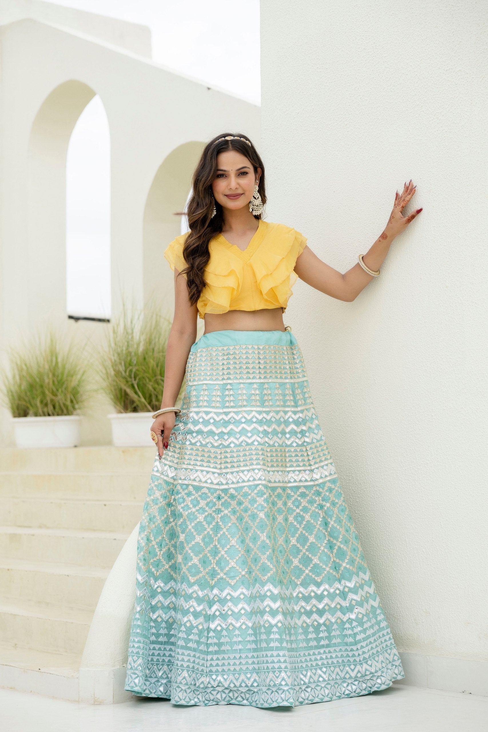 Sky & Yellow Graceful Organza Lehenga Set with Sequins & Foil Embroidery – Semi-Stitched Lehenga, Unstitched Blouse & Net Dupatta