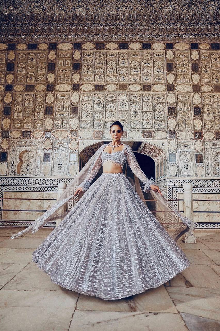 Smoke Gray Shimmer Silk Lehenga Set with Sequins & Dori Work – Unstitched Blouse & Net Dupatta
