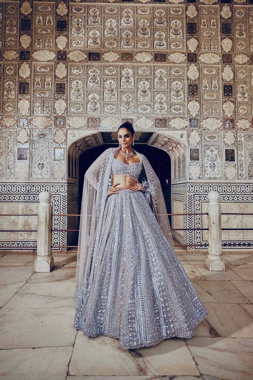 Smoke Gray Shimmer Silk Lehenga Set with Sequins & Dori Work – Unstitched Blouse & Net Dupatta