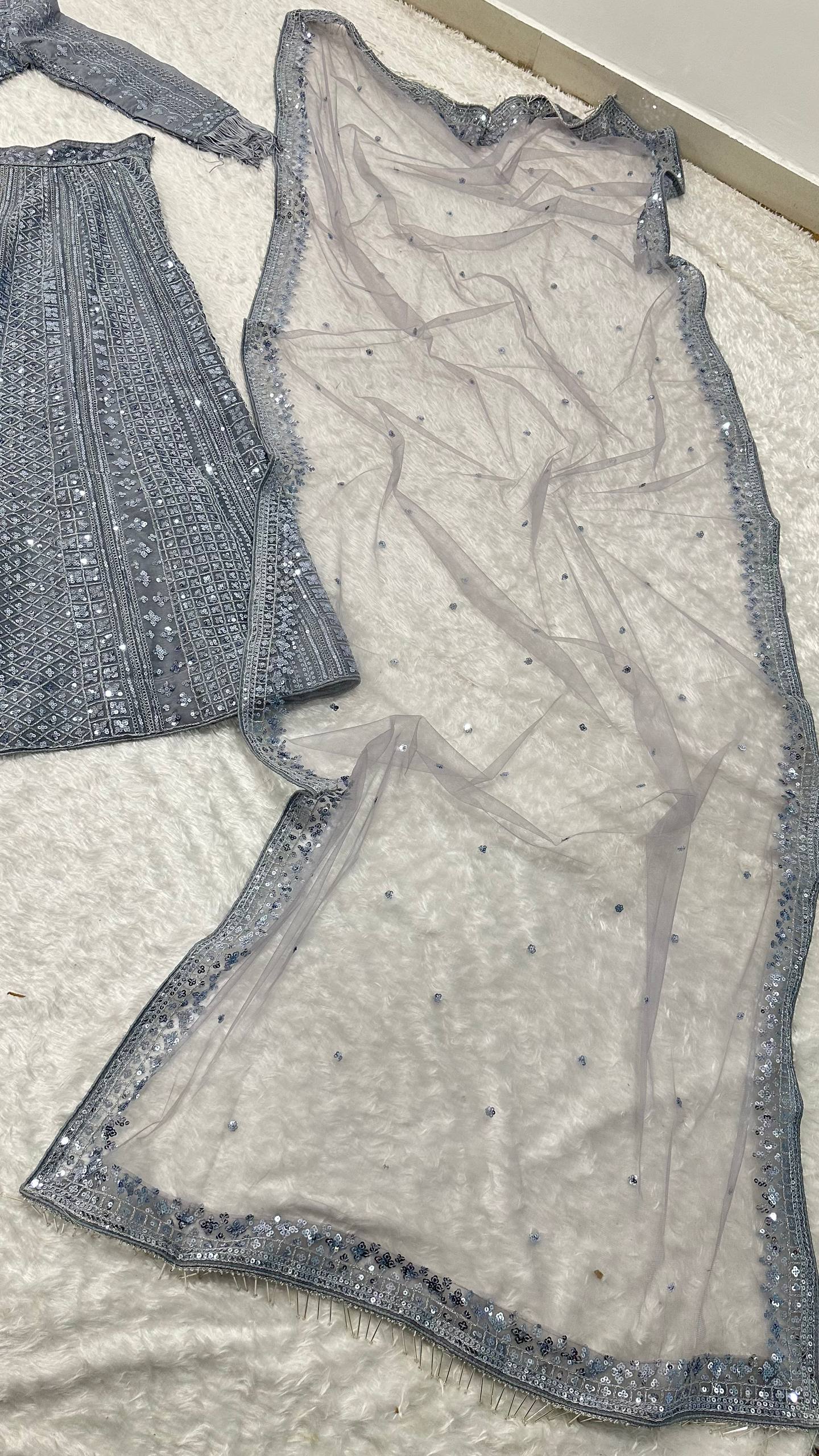 Smoke Gray Shimmer Silk Lehenga Set with Sequins & Dori Work – Unstitched Blouse & Net Dupatta