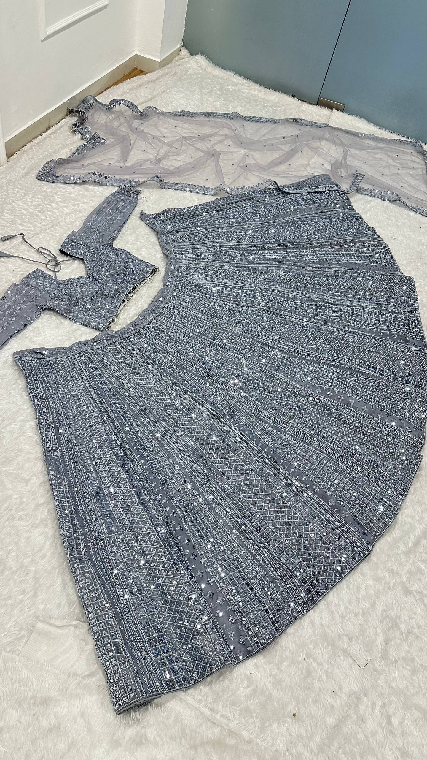 Smoke Gray Shimmer Silk Lehenga Set with Sequins & Dori Work – Unstitched Blouse & Net Dupatta