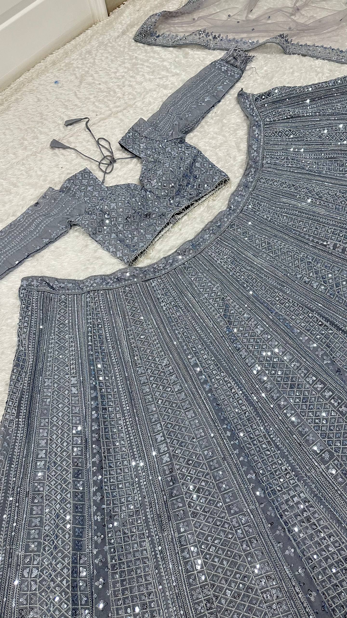Smoke Gray Shimmer Silk Lehenga Set with Sequins & Dori Work – Unstitched Blouse & Net Dupatta