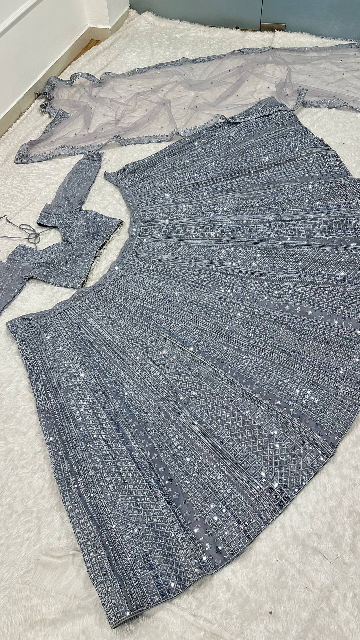 Smoke Gray Shimmer Silk Lehenga Set with Sequins & Dori Work – Unstitched Blouse & Net Dupatta