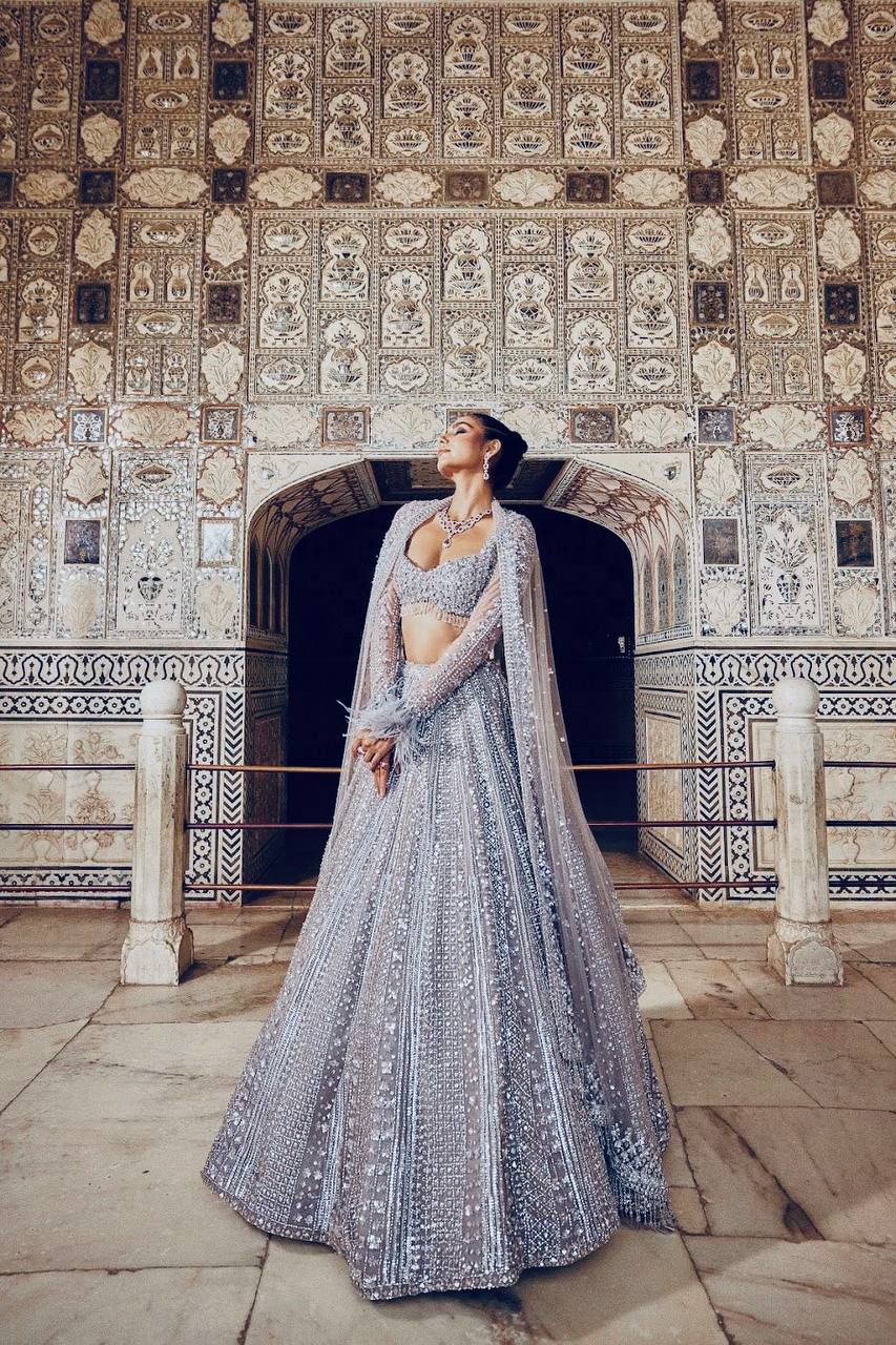 Smoke Gray Shimmer Silk Lehenga Set with Sequins & Dori Work – Unstitched Blouse & Net Dupatta