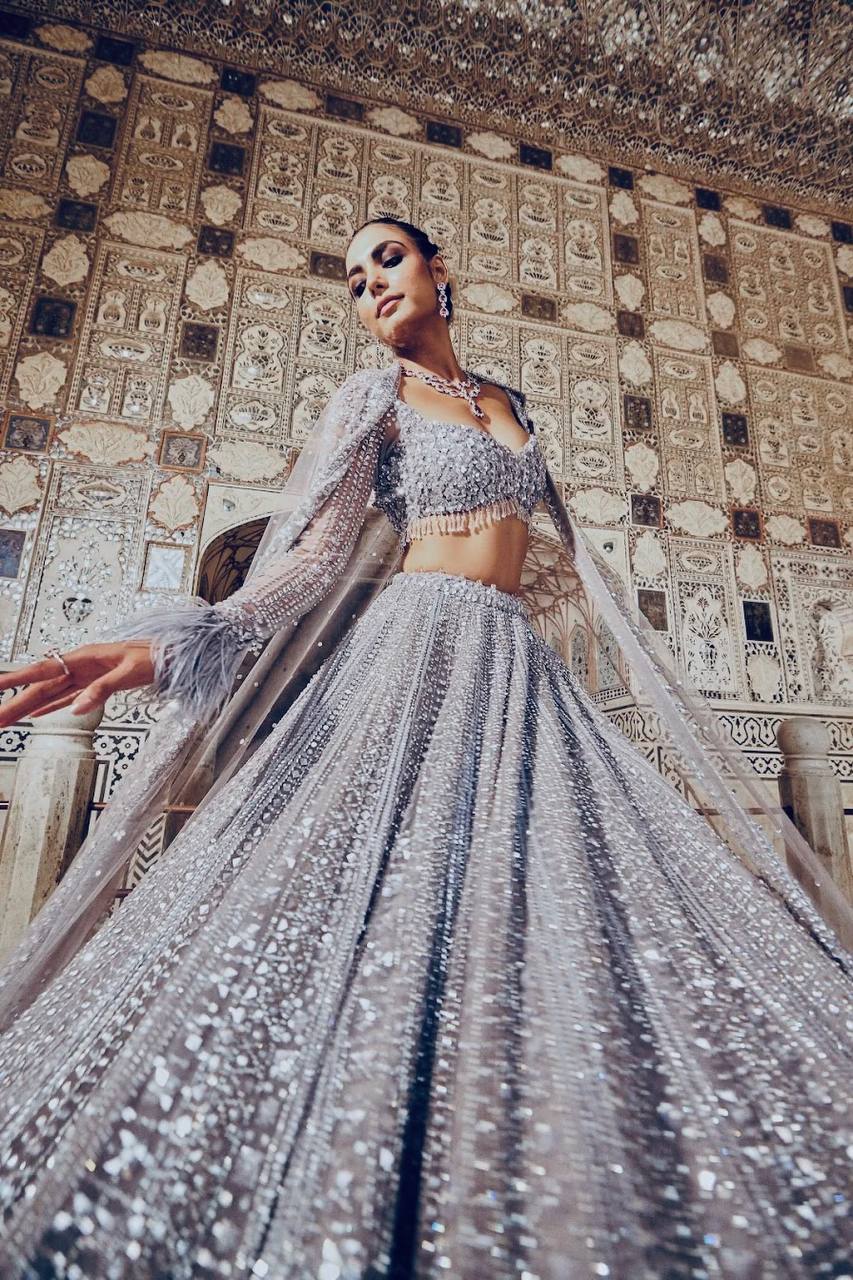 Smoke Gray Shimmer Silk Lehenga Set with Sequins & Dori Work – Unstitched Blouse & Net Dupatta