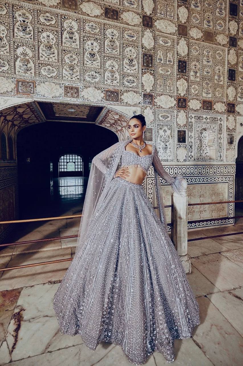 Smoke Gray Shimmer Silk Lehenga Set with Sequins & Dori Work – Unstitched Blouse & Net Dupatta