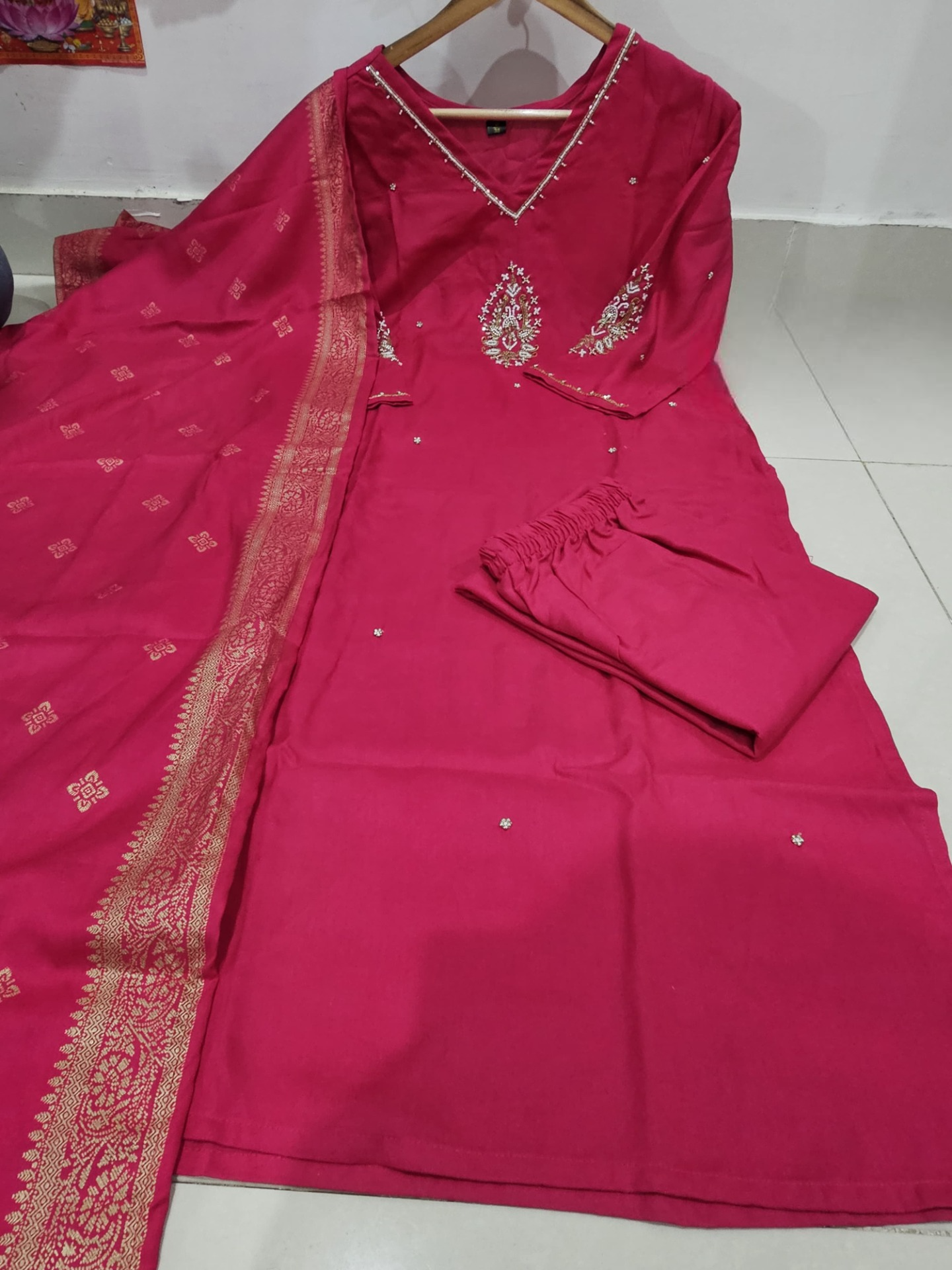 Rani Color Rayon Kurti with Adda Work, Pant and Latkan Dupatta