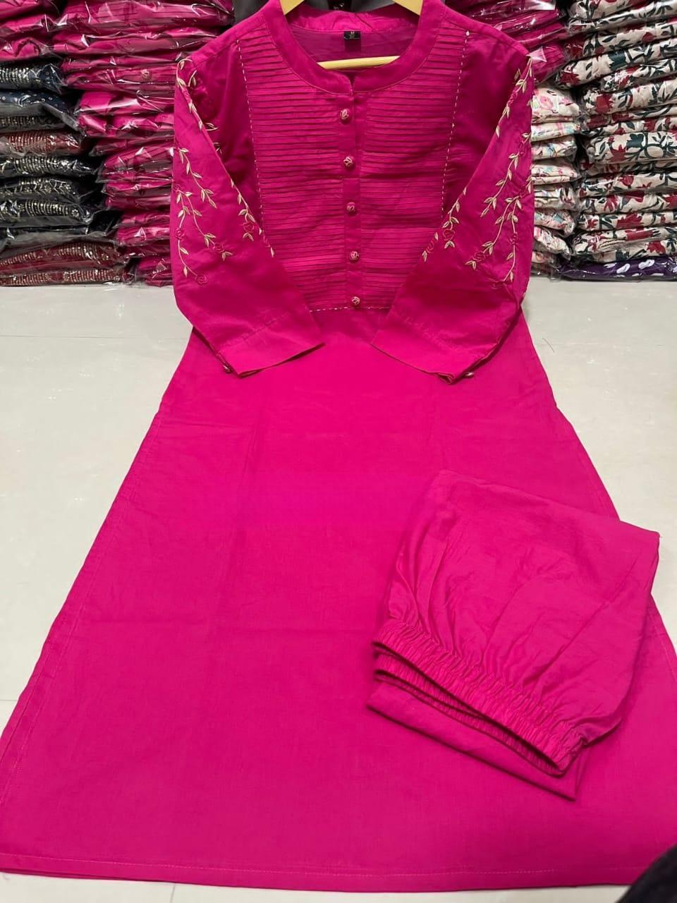 Hot Pink Kurti Pant Set with Embroidery & Pintex Detailing