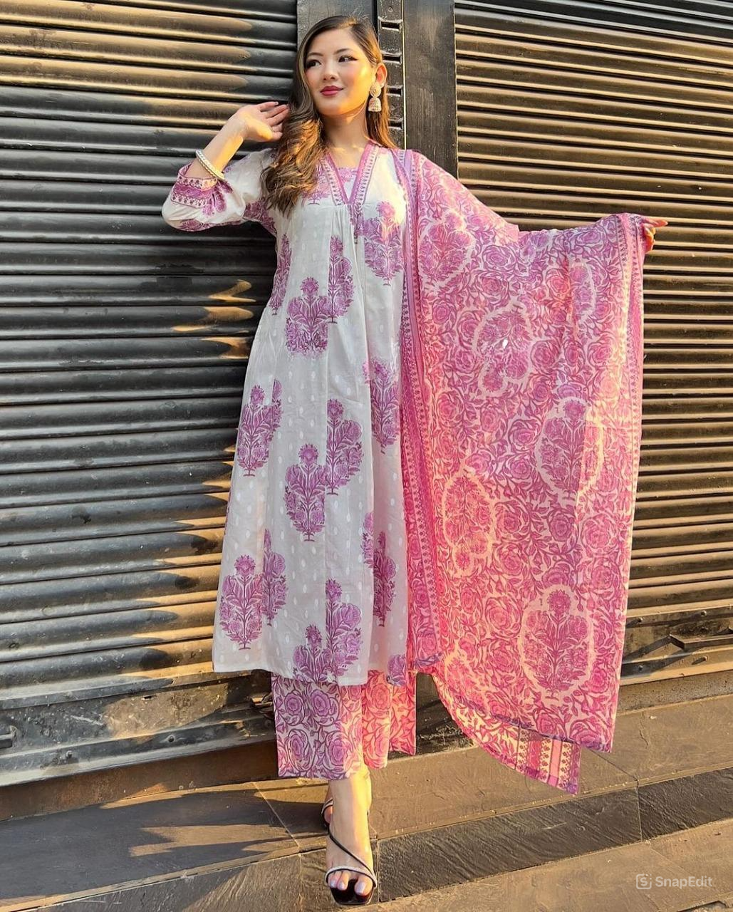 Printed Cotton Kurta Three-Piece Suit Set