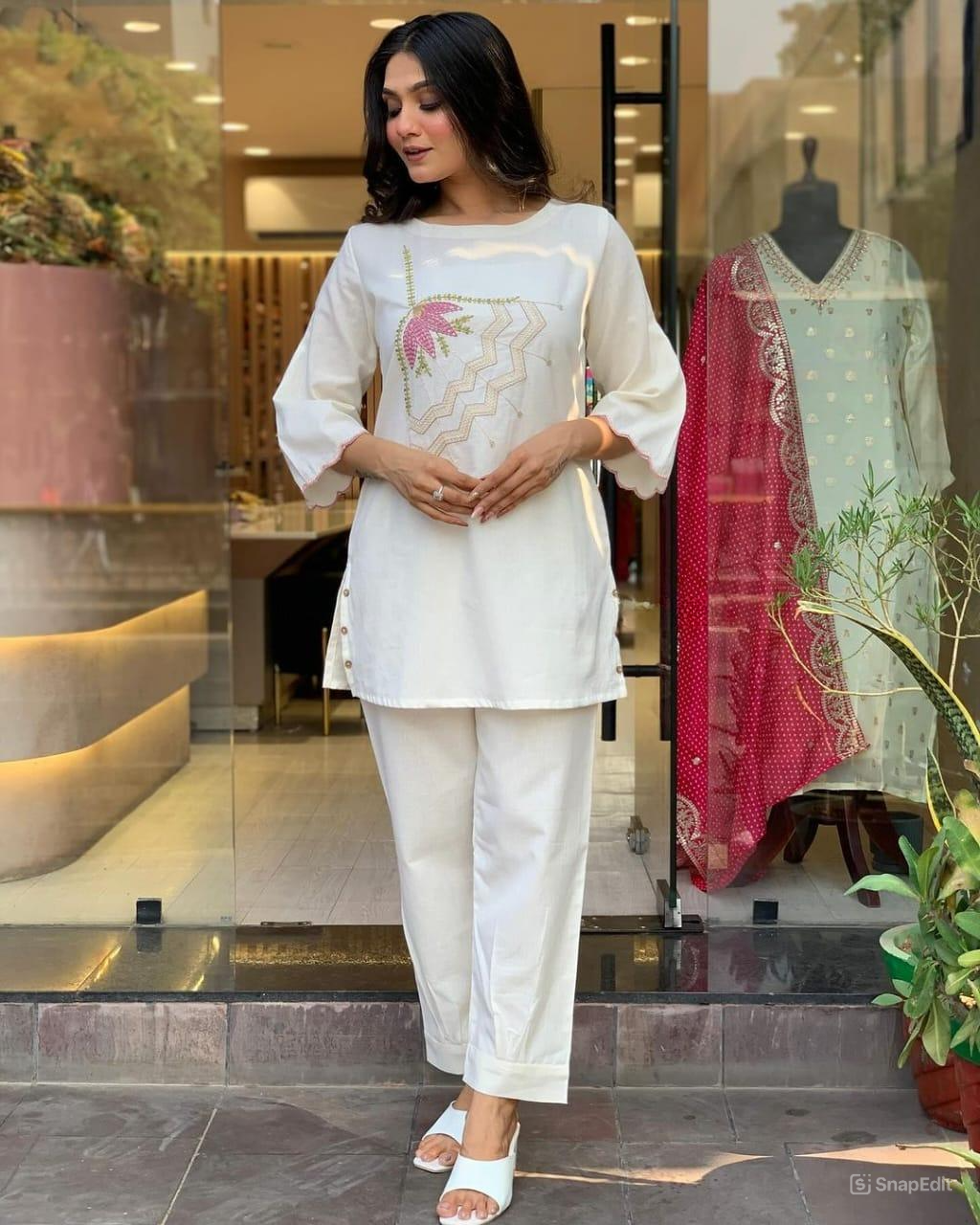 White Embroidered Cotton Flex Co-ord Set