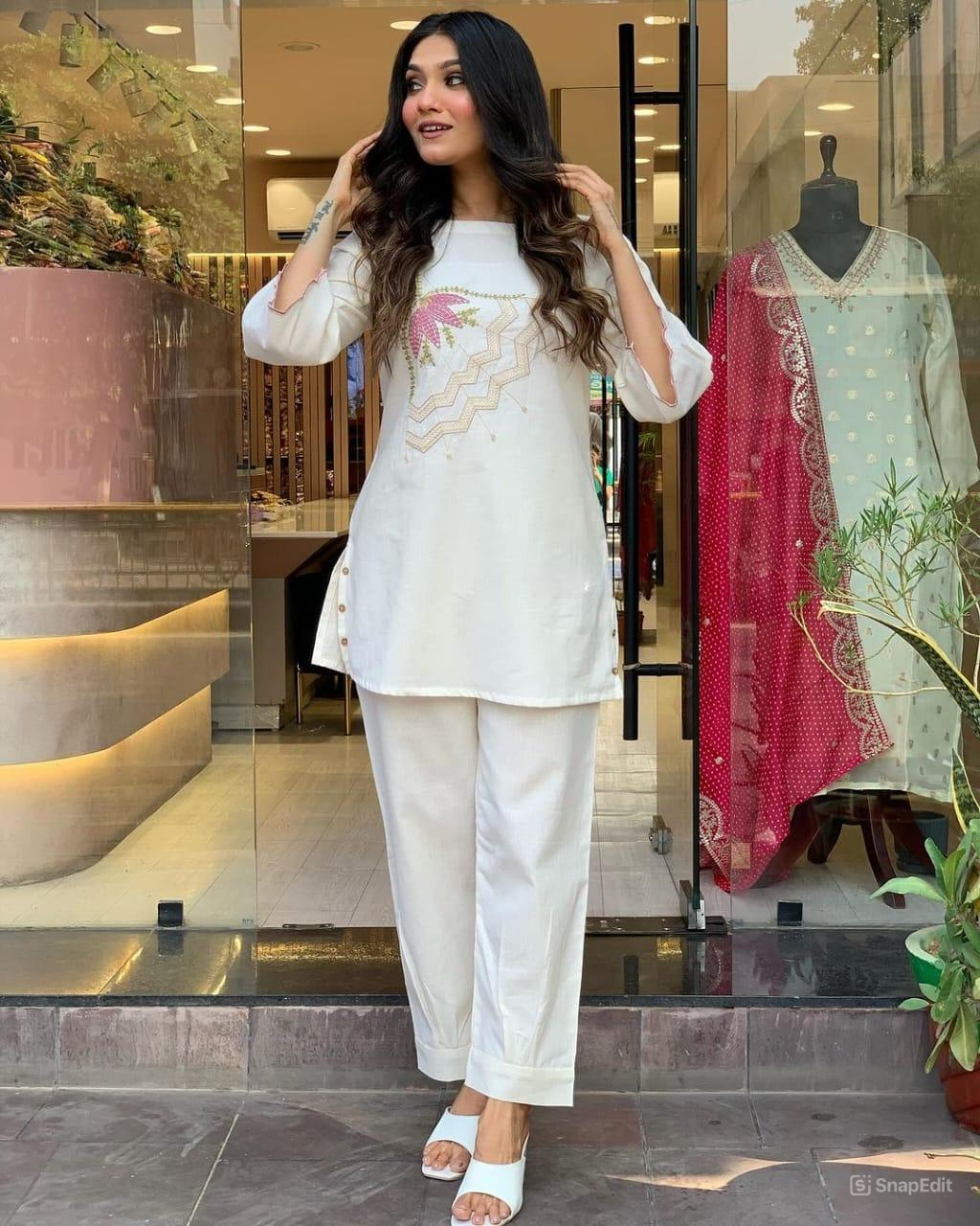 White Embroidered Cotton Flex Co-ord Set