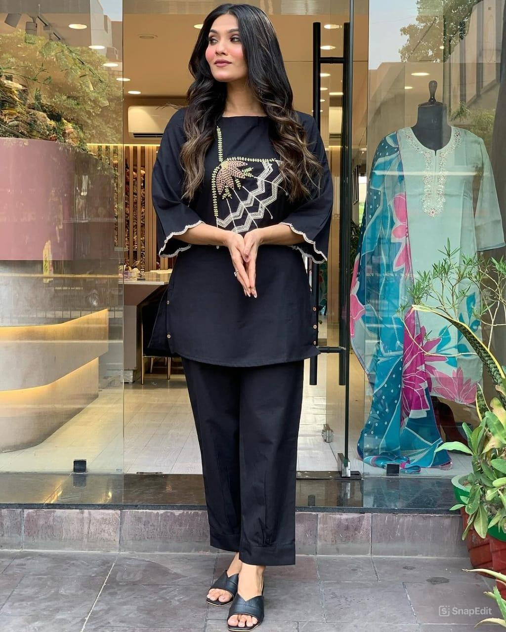 Black Embroidered Cotton Flex Coord Set
