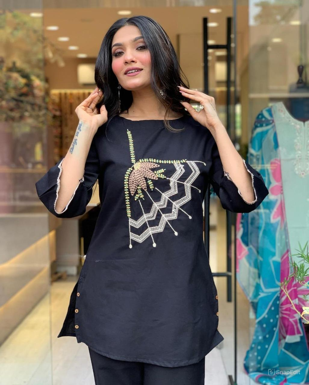 Black Embroidered Cotton Flex Coord Set