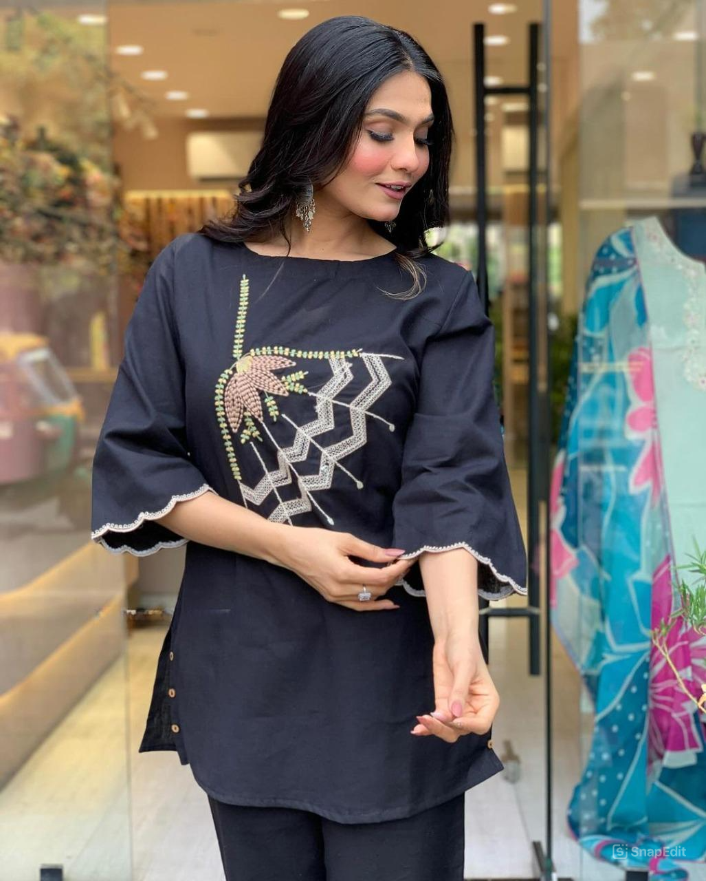 Black Embroidered Cotton Flex Coord Set