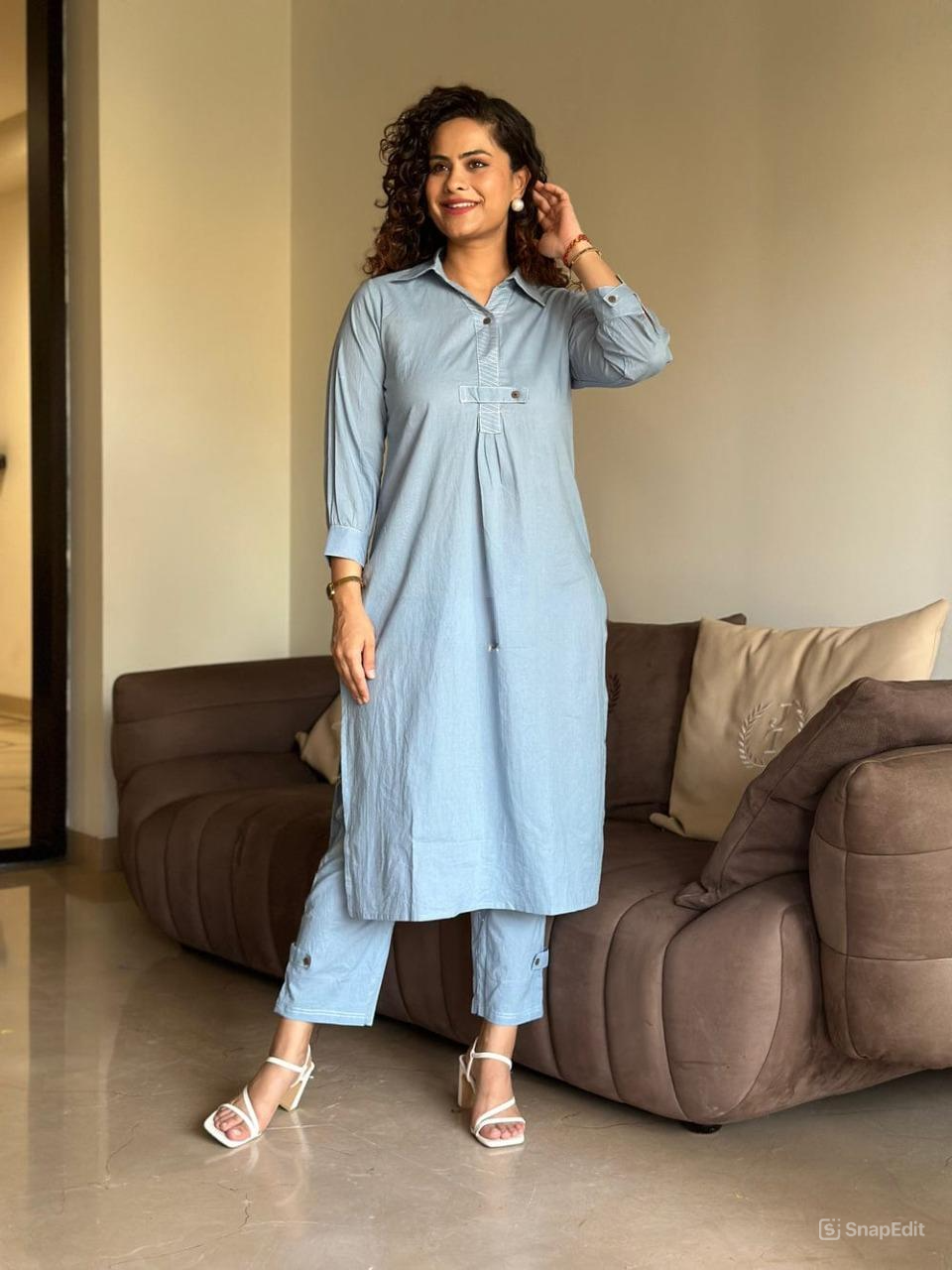 Cotton Flex Collar Co-Ord Set - Kurti Length 45 Inches