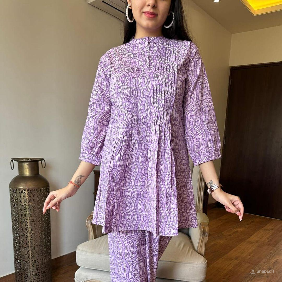 Lavender Cotton Kurta Set with Pintex Work