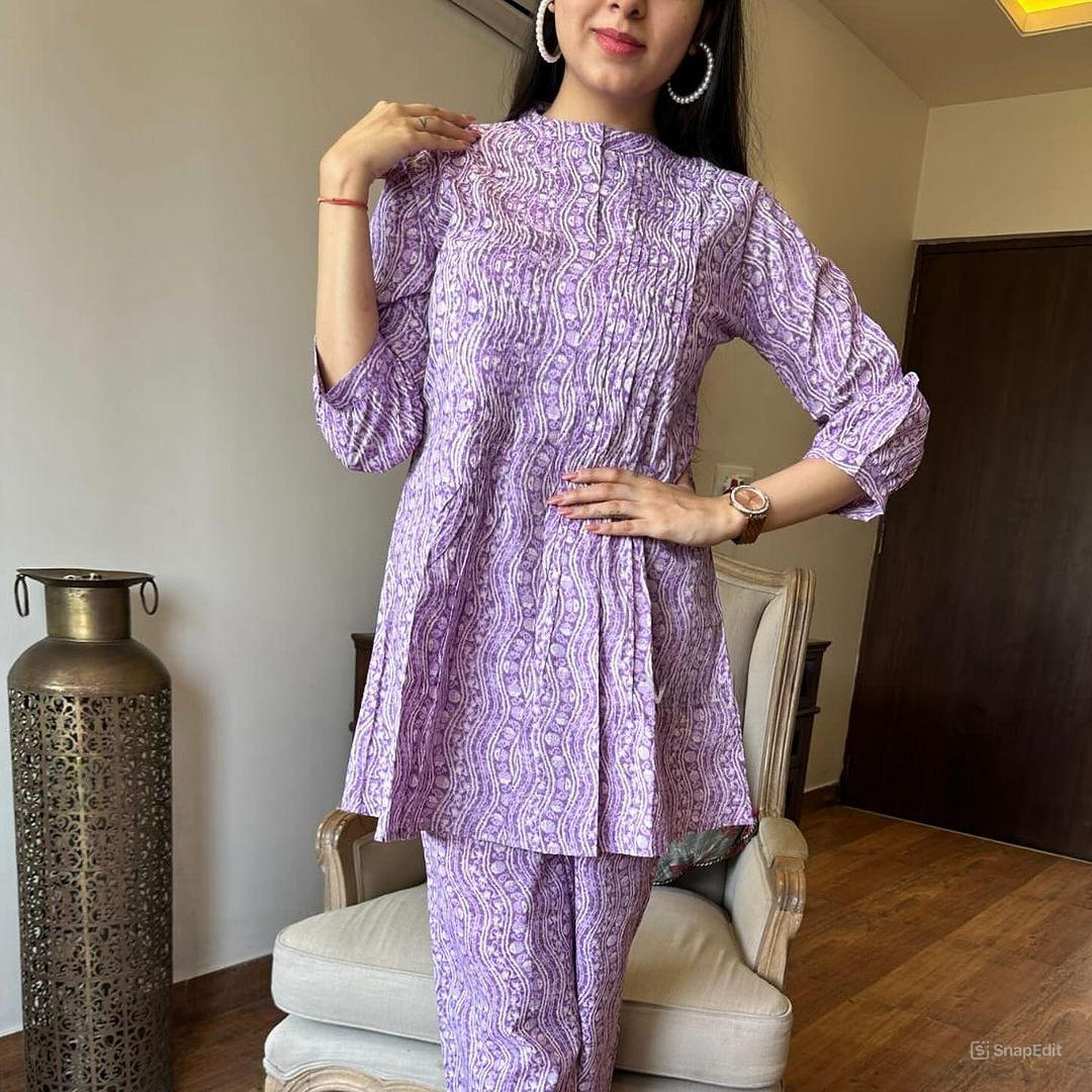 Lavender Cotton Kurta Set with Pintex Work