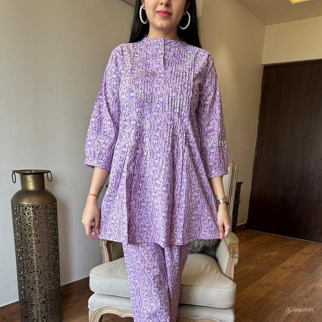Lavender Cotton Kurta Set with Pintex Work