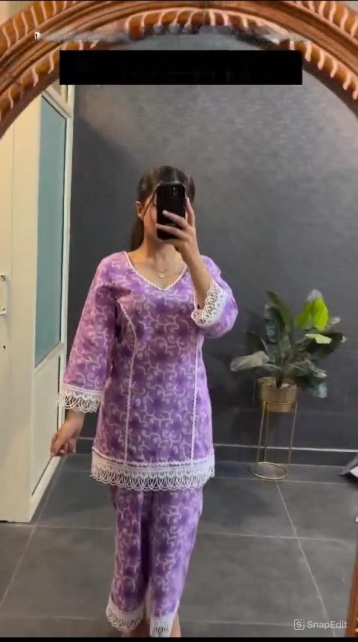 Cotton Straight Co-ord Set with Lace Work