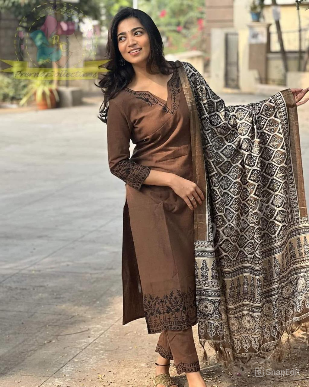 Brown Cotton Suit Set with Embroidery & Digital Print Dupatta