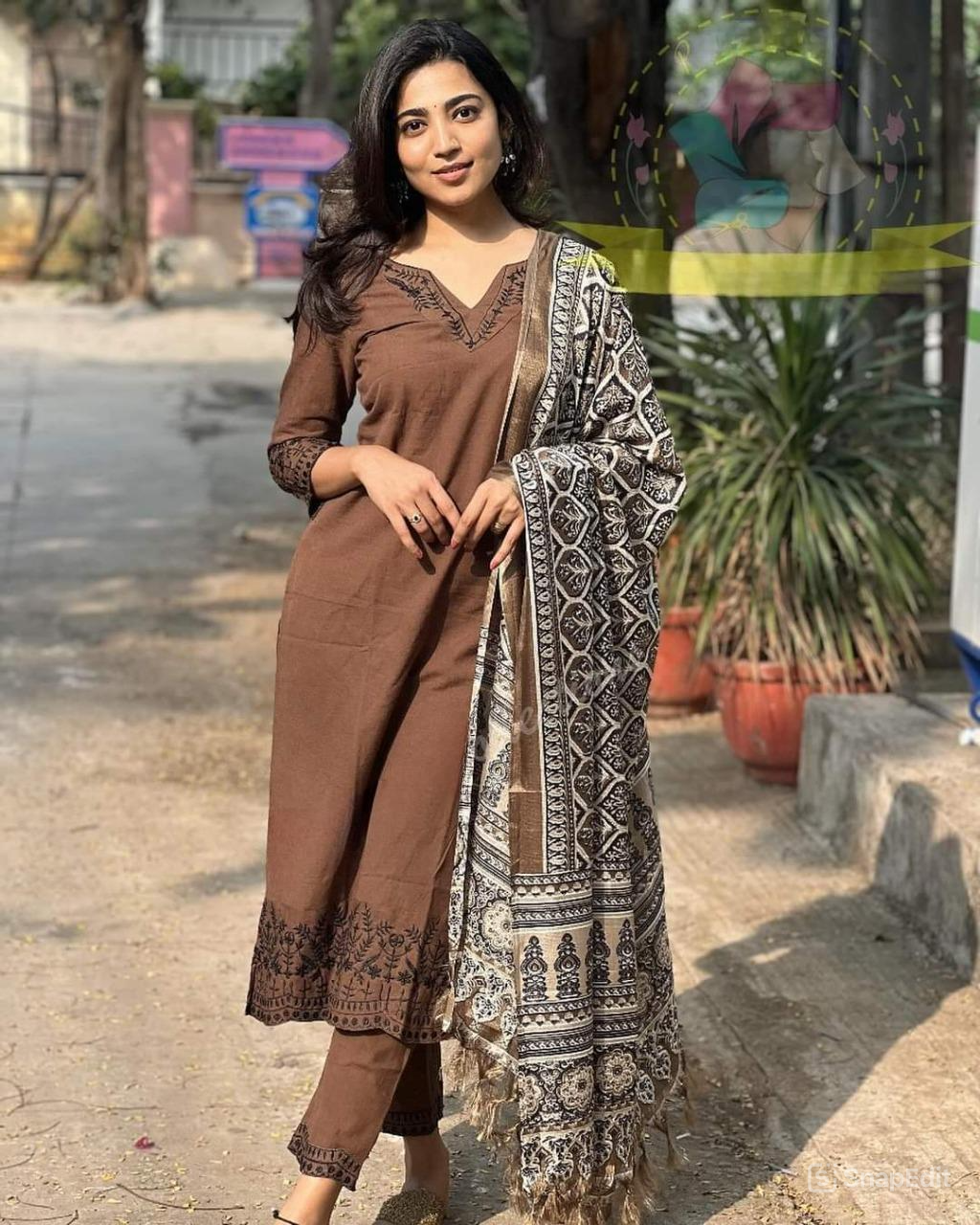 Brown Cotton Suit Set with Embroidery & Digital Print Dupatta