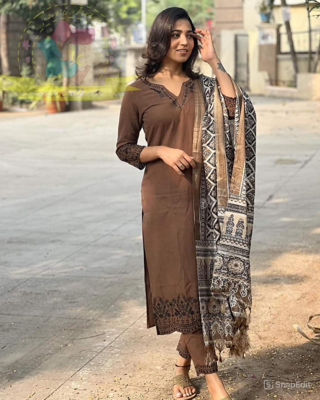 Brown Cotton Suit Set with Embroidery & Digital Print Dupatta