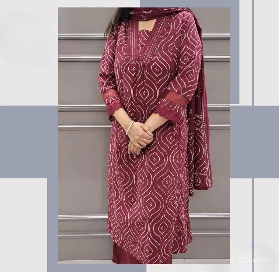 Cotton 60x60 Printed Kurti Set with Embellished Neckline, Cotton Pant, and Malmal Dupatta - Fully Stitched