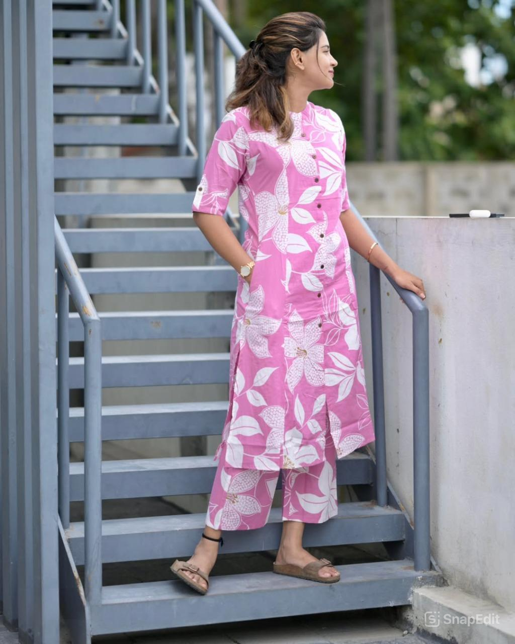 Floral Cotton Co-ord Set – A-line Kurti with Ankle-Length Palazzo Pant