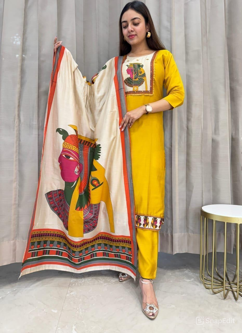 Chinon & Egyptian Print Silk Three-Piece Suit – Kurta, Pant & Dupatta