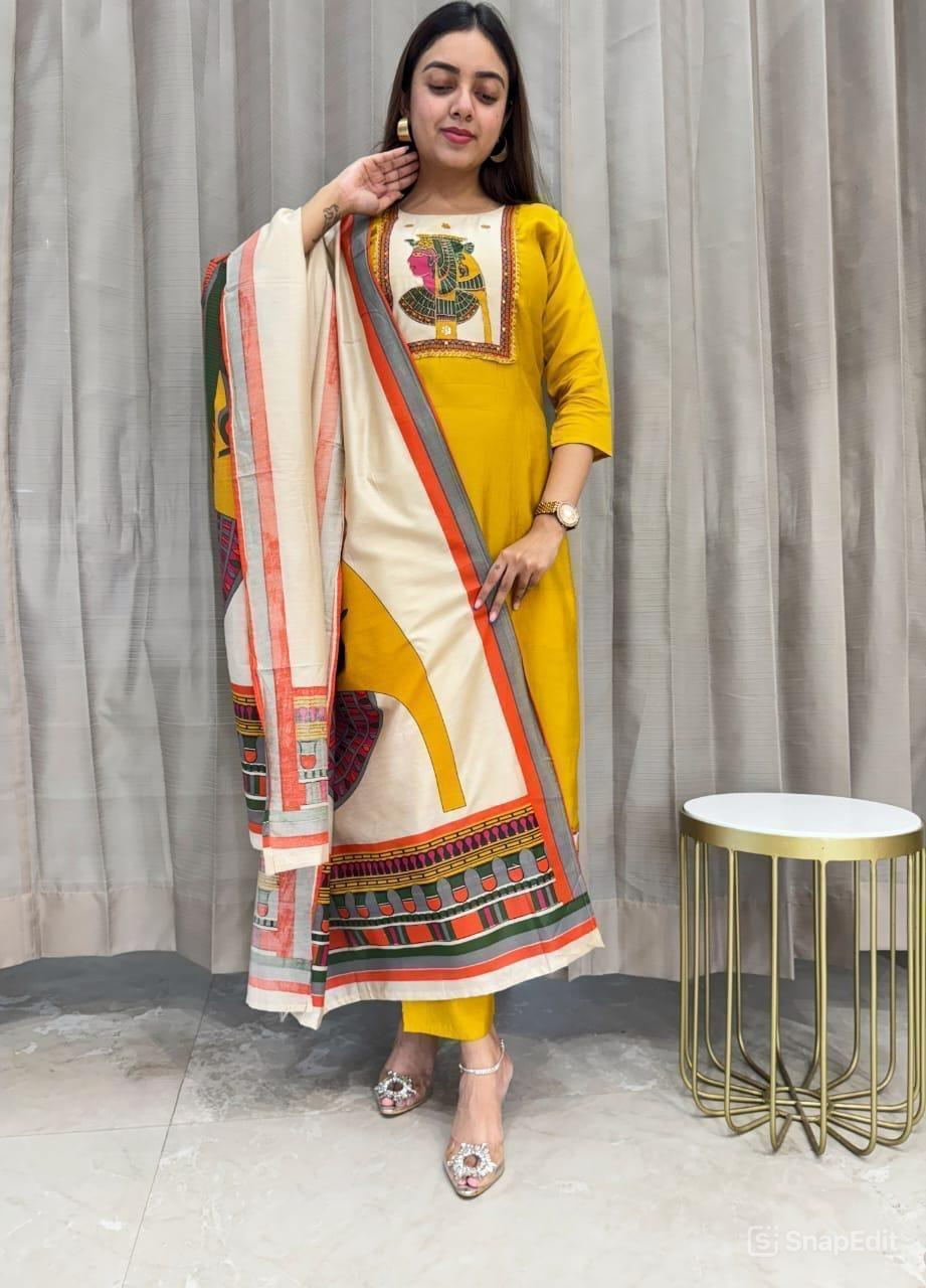 Chinon & Egyptian Print Silk Three-Piece Suit – Kurta, Pant & Dupatta